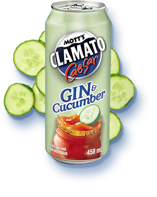 Mott's Clamato tall can gin and cucumber flavour with sliced cucumbers behind it