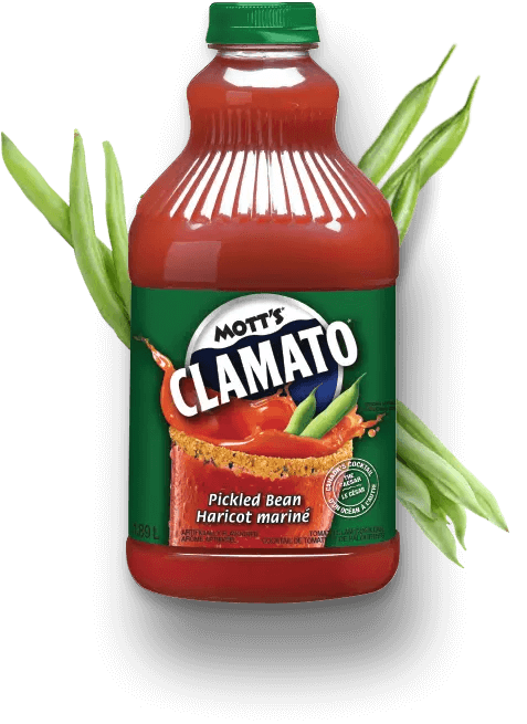Mott's Clamato bottle pickled bean with green beans behind it