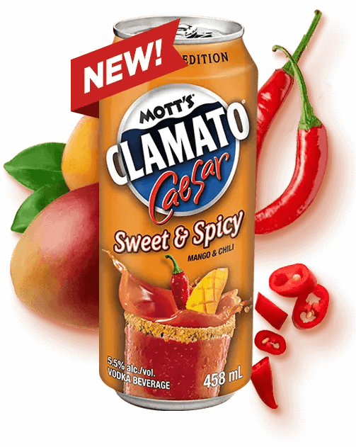 Mott's Clamato tall can sweet and spicy flavour with spicy red peppers behind it and mangos