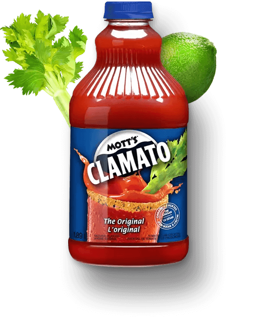 Mott's Clamato bottle original flavour with celery and lime behind it