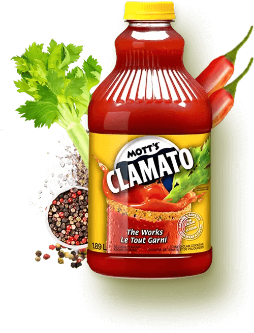 Mott's Clamato bottle the works flavour with celery spicy peppers and peppercorns behind it