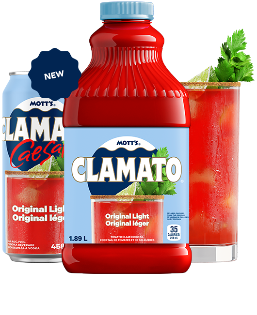 Mott's Clamato Light bottle original flavour with celery and lime behind it