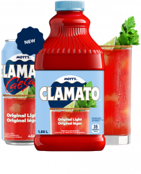 Mott's Clamato Light bottle original flavour with celery and lime behind it